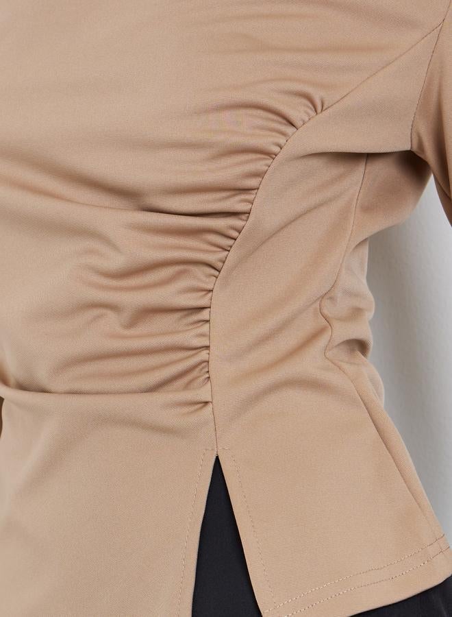 Styli Brown Asymmetric Neck Long Sleeve T-Shirt - Image 3